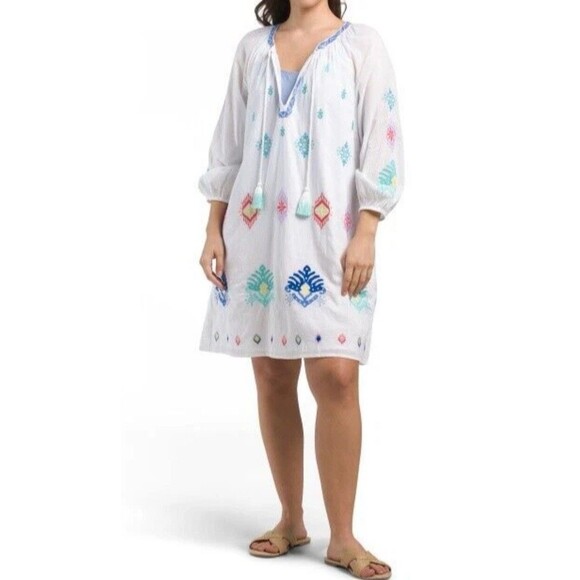 TOMMY BAHAMA Watercolor Tasseled Embroidered Ikat Split Neck Tunic Cover-up L - Picture 3 of 9